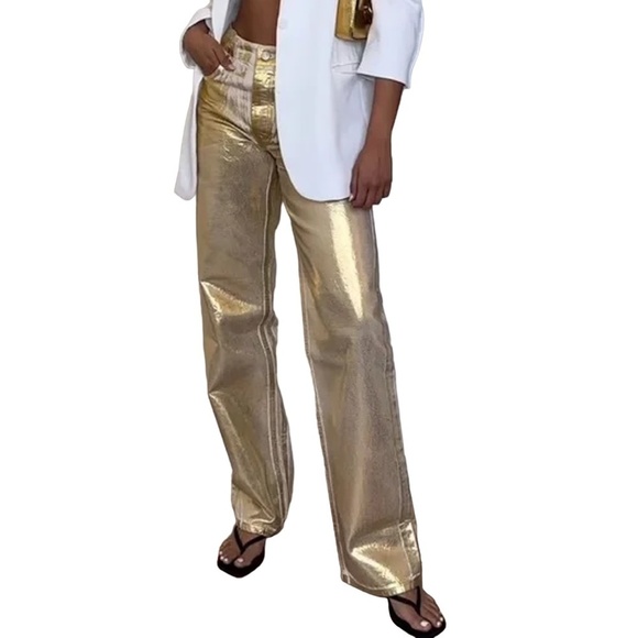 Zara Metallic Gold Jeans Boy Boy Fit Relaxed Cotton Pants Trousers Bloggers’ Fav - Picture 1 of 15